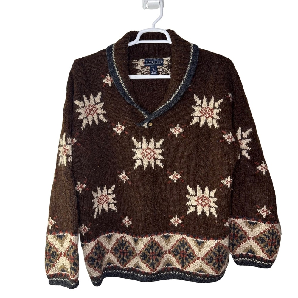 VTG Lands End Sweater Men Medium Wool‎ Hand Knit Fair Isle Snowflake Shawl Brown
